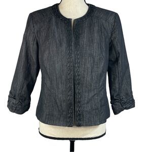 Dressbarn Small Jacket Blazer Open-Front 3/4 Sleeve Lined Braided Accent Gray